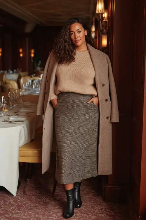 A plus-size woman wearing a cashmere sweater tucked into a midi skirt, layered with a long coat and ankle boots, posing in an elegant winter brunch setting 