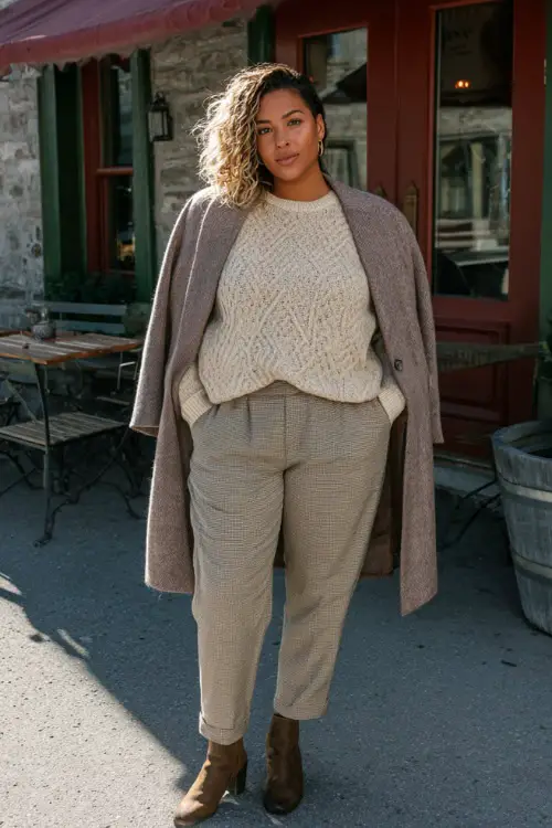 A plus-size woman wearing a cozy knit sweater tucked into straight-leg trousers, layered with a long wool coat and styled with ankle boots 
