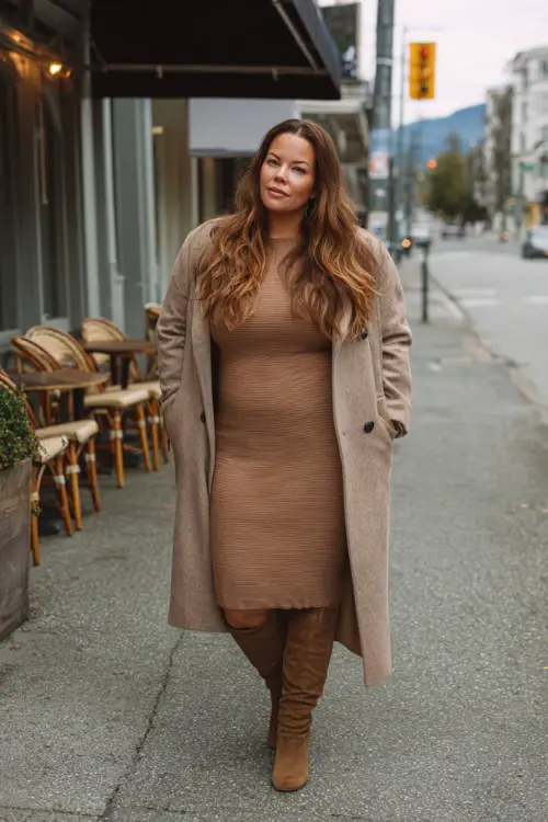 A plus-size woman wearing a long-sleeve midi dress layered with a structured coat, paired with knee-high boots, standing on a calm street near a winter brunch café 