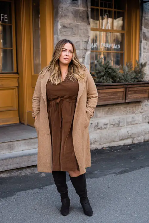 A plus-size woman wearing a long-sleeve midi dress layered with a structured coat, paired with knee-high boots, standing on a calm street near a winter brunch café