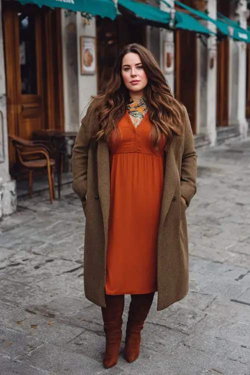 A plus-size woman wearing a long-sleeve midi dress layered with a structured coat, paired with knee-high boots