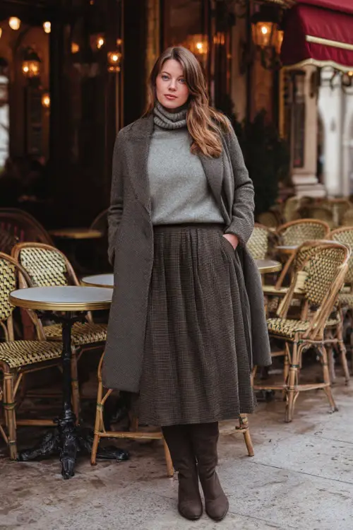 A plus-size woman wearing a turtleneck sweater tucked into a pleated midi skirt, layered with a tailored coat and heeled ankle boots, standing near an elegant winter café setting