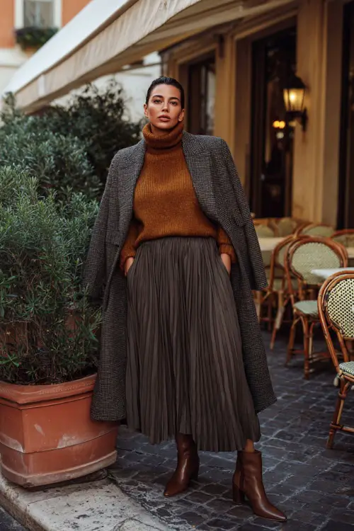 A plus-size woman wearing a turtleneck sweater tucked into a pleated midi skirt, layered with a tailored coat and heeled ankle boots