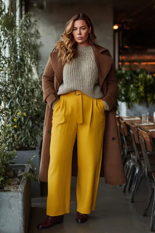 A plus-size woman wearing wide-leg trousers paired with a fitted knit sweater and a belted coat, styled with ankle boots 
