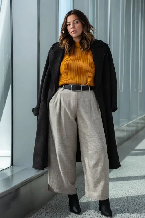 A plus-size woman wearing wide-leg trousers paired with a fitted knit sweater and a belted coat, styled with ankle boots