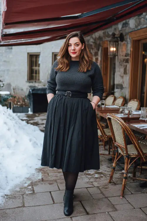 A plus-size woman wears a chic charcoal sweater tucked into a pleated black midi skirt, paired with tights, ankle boots, and a belted wool trench