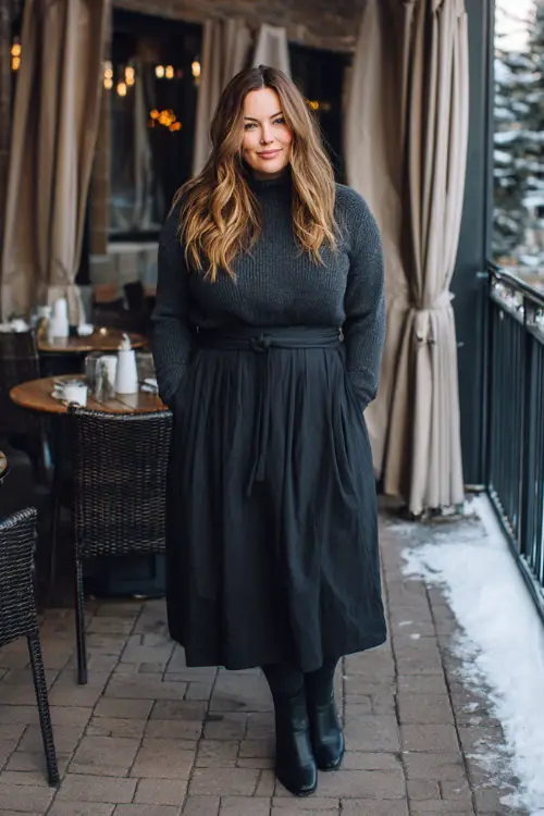 A plus-size woman wears a chic charcoal sweater tucked into a pleated black midi skirt, paired with tights, ankle boots