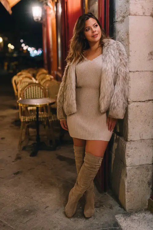 A plus-size woman wears a cozy beige sweater dress paired with tall suede boots and a chic faux-fur jacket, standing outside a romantic winter café on a chilly night