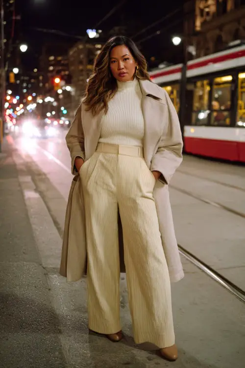 A plus-size woman wears a cream ribbed turtleneck tucked into wide-leg trousers, styled with heeled boots and a tailored trench coat 