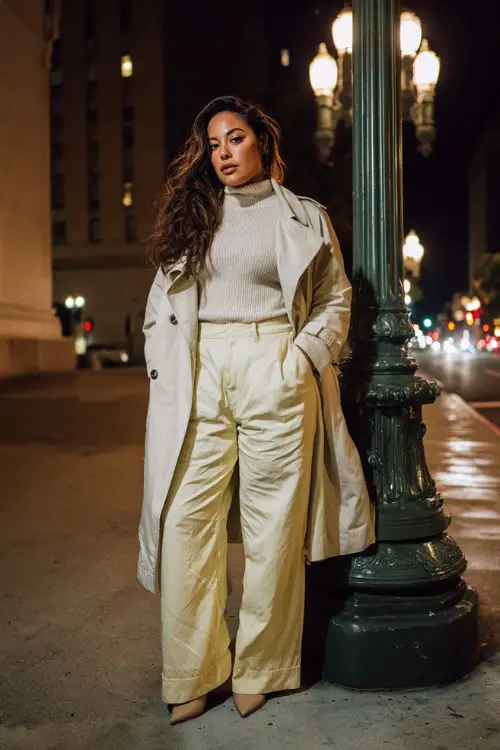 A plus-size woman wears a cream ribbed turtleneck tucked into wide-leg trousers, styled with heeled boots and a tailored trench coat
