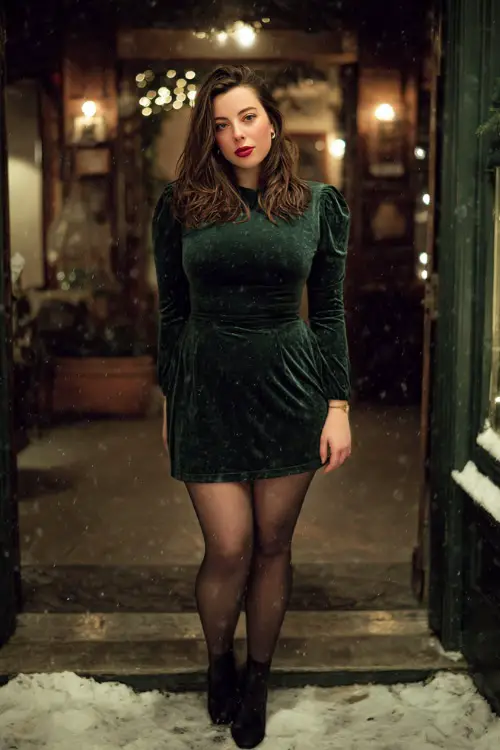 A plus-size woman wears a dark green velvet dress with long sleeves, sheer tights, and ankle boots 
