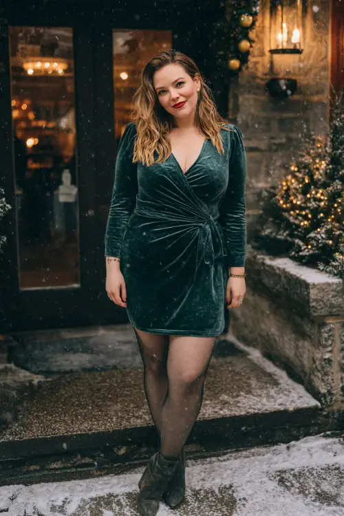 A plus-size woman wears a dark green velvet dress with long sleeves, sheer tights, and ankle boots 