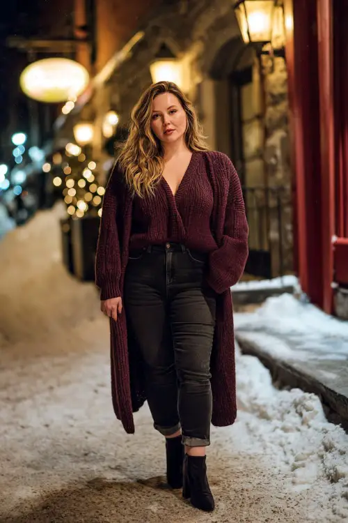A plus-size woman wears a deep burgundy wrap sweater with dark high-waisted jeans, heeled ankle boots, and a long wool coat 