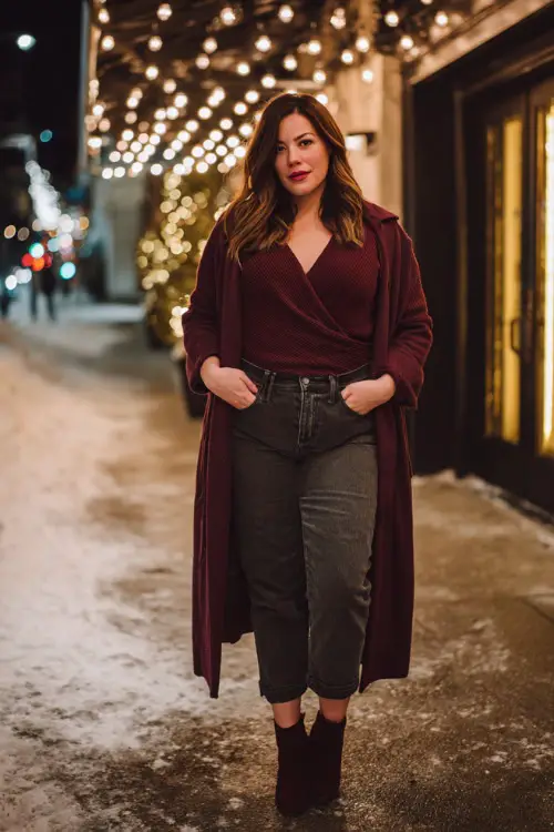 A plus-size woman wears a deep burgundy wrap sweater with dark high-waisted jeans, heeled ankle boots, and a long wool coat
