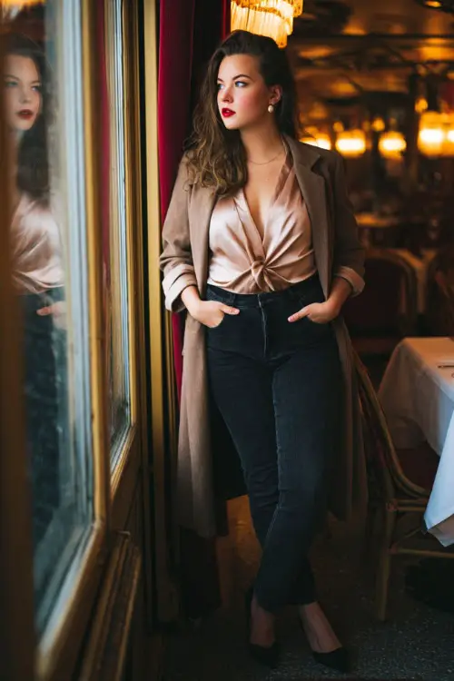A plus-size woman wears a silky champagne blouse tucked into high-rise dark jeans, paired with pointed heels and a wool wrap coat