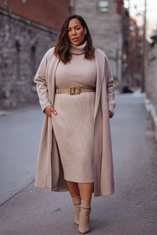 A plus-size woman wears a soft taupe turtleneck sweater dress styled with a wide belt, heeled ankle boots, and a long tailored coat 
