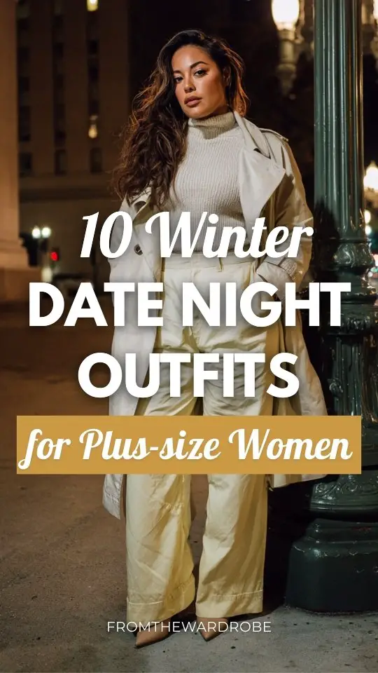 A plus-size woman wears a winter date night outfit with a cream ribbed turtleneck tucked into wide-leg trousers, styled with heeled boots and a tailored trench coat