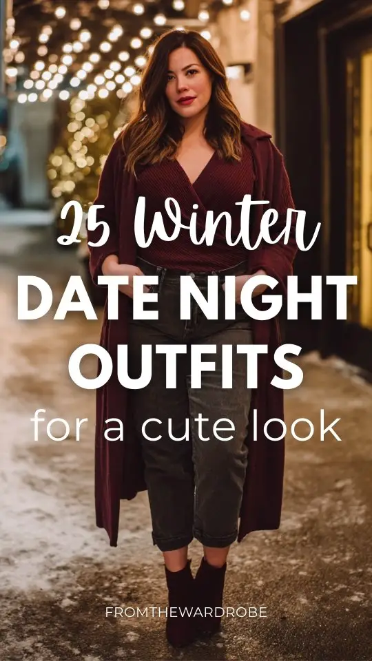 A plus-size woman wears a winter date night outfit with a deep burgundy wrap sweater with dark high-waisted jeans, heeled ankle boots, and a long wool coat