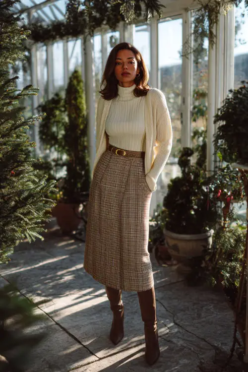 A refined woman over 30 wears a plaid midi skirt with a cream cardigan and heeled boots, standing full body in a sunlit conservatory filled with winter greenery