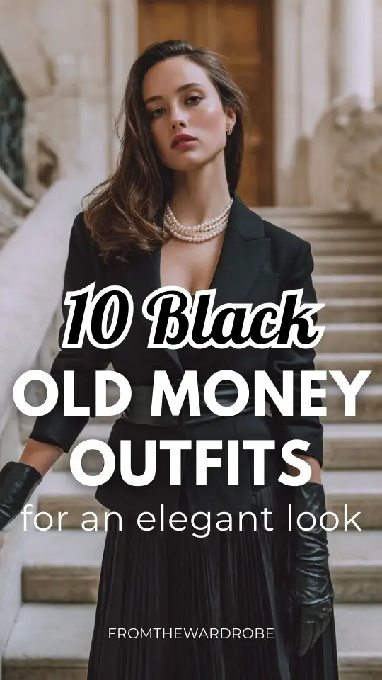A refined woman wears a black old money outfit with a black structured blazer with a black pleated maxi skirt, paired with pearls and leather gloves