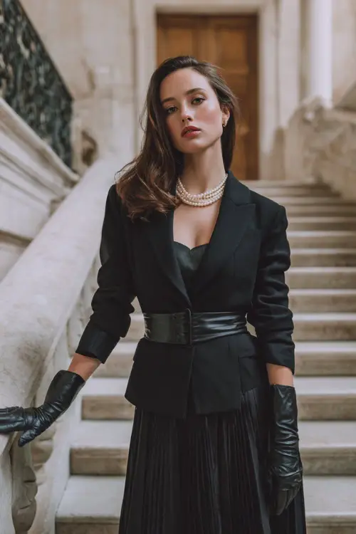 A refined woman wears a black structured blazer with a black pleated maxi skirt, paired with pearls and leather gloves, standing full body on a marble staircase inside a historic building 