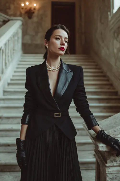 A refined woman wears a black structured blazer with a black pleated maxi skirt, paired with pearls and leather gloves, standing full body on a marble staircase inside a historic building