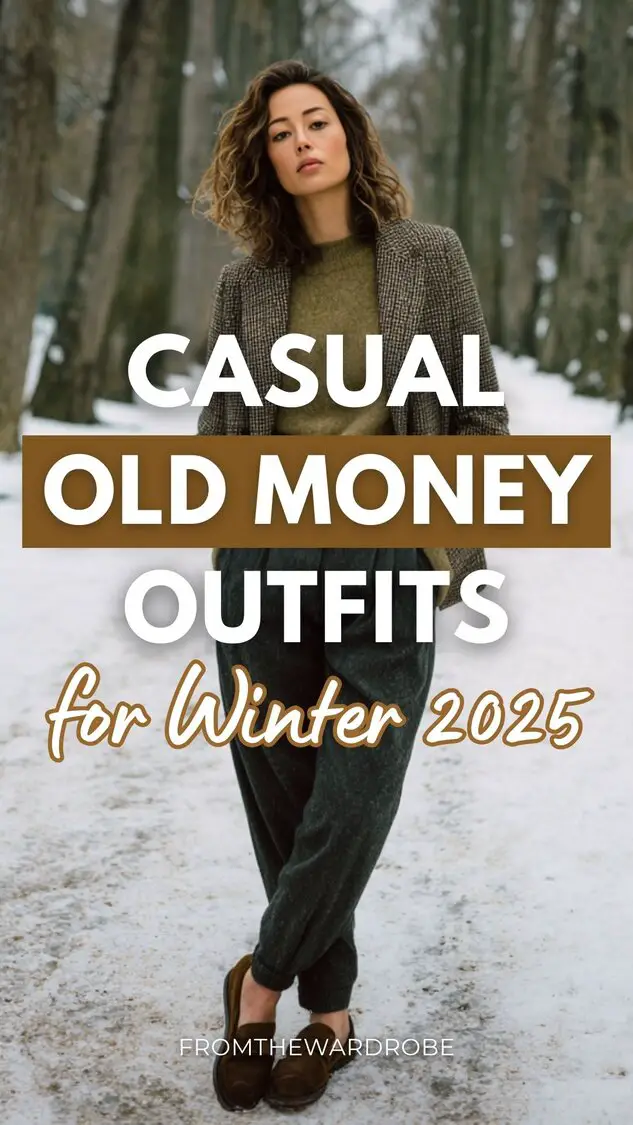 A refined woman wears a casual winter old money outfit with a muted olive wool sweater under a herringbone blazer with dark denim and suede loafers