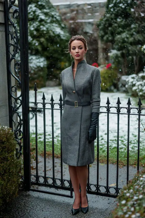 A refined woman wears a gray tailored dress with gold buttons and a matching structured coat, paired with black leather gloves and heels 