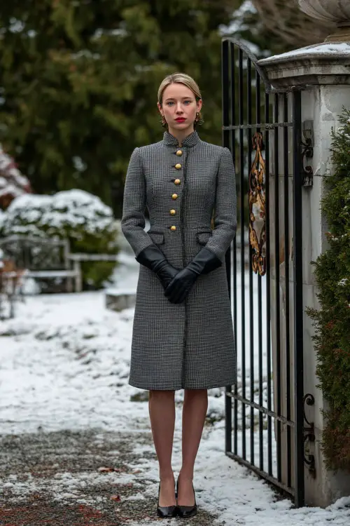 A refined woman wears a gray tailored dress with gold buttons and a matching structured coat, paired with black leather gloves and heels