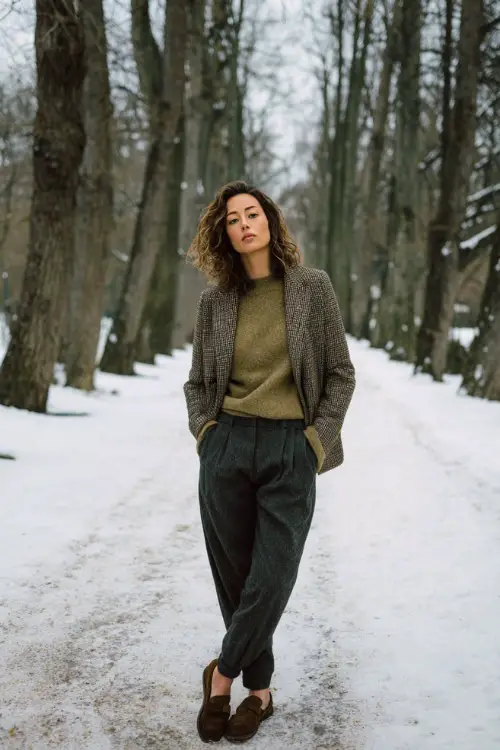 A refined woman wears a muted olive wool sweater under a herringbone blazer with dark denim and suede loafers, standing full body in a snowy park with tall bare trees