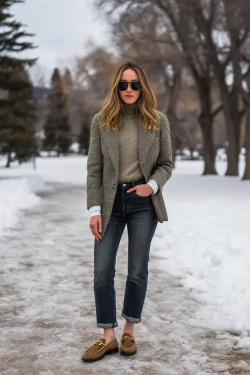 A refined woman wears a muted olive wool sweater under a herringbone blazer with dark denim and suede loafers, standing full body in a snowy park with tall bare trees