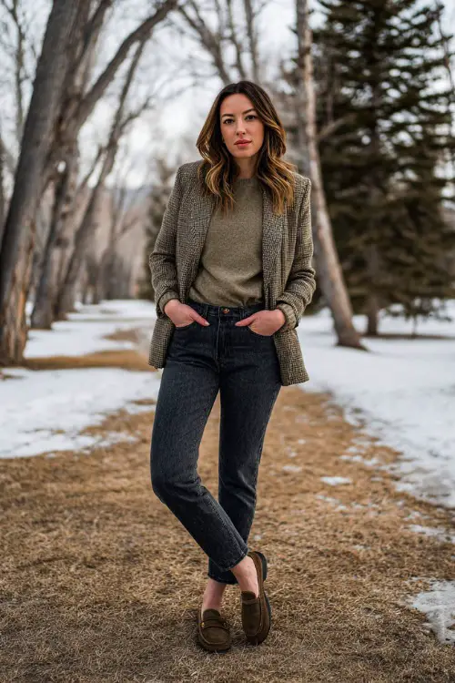 A refined woman wears a muted olive wool sweater under a herringbone blazer with dark denim and suede loafers, standing full body in a snowy park with tall bare trees