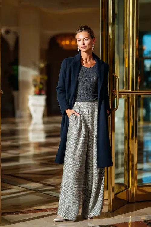 A refined woman wears a navy wool coat over a silver knit top and wide-leg trousers, accessorized with pearl studs