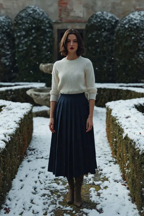 A refined woman wears a pleated navy midi skirt with a cream knit sweater and heeled boots, standing full body in a private courtyard with trimmed hedges dusted in snow