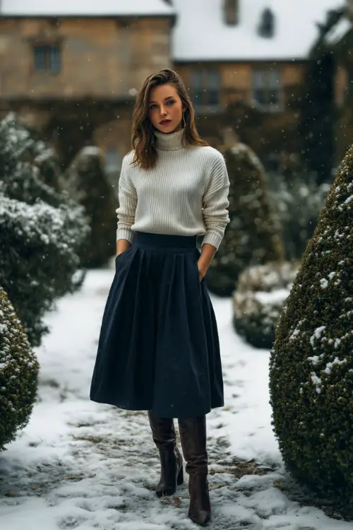 A refined woman wears a pleated navy midi skirt with a cream knit sweater and heeled boots, standing full body in a private courtyard with trimmed hedges dusted in snow