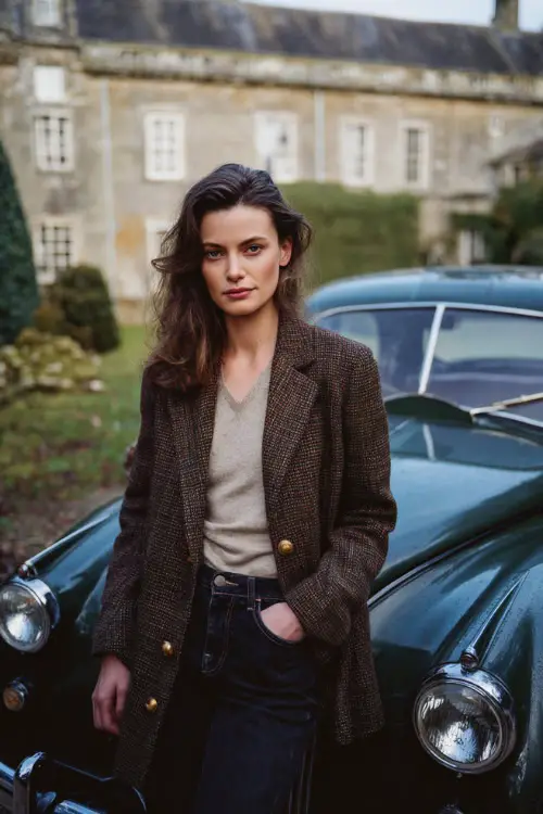 A refined woman wears a tweed jacket with gold buttons over a simple knit top and dark jeans, paired with ankle boots 