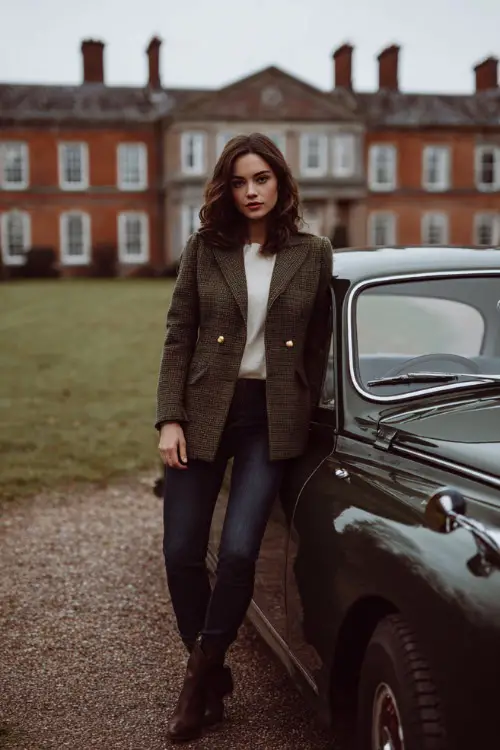 A refined woman wears a tweed jacket with gold buttons over a simple knit top and dark jeans, paired with ankle boots