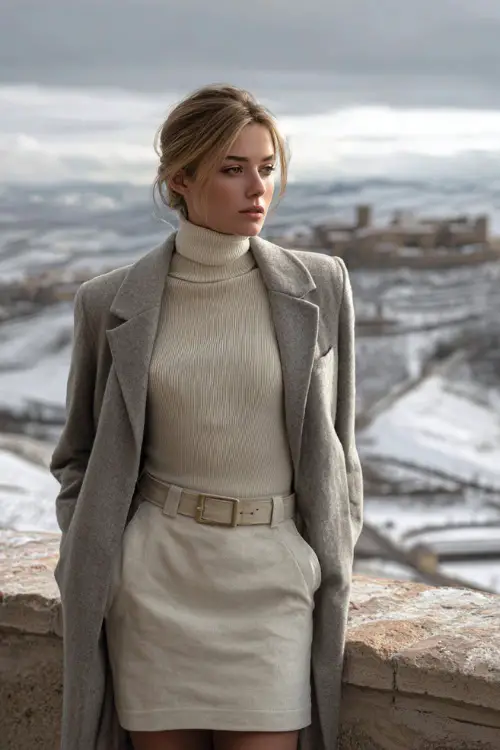 A refined woman wears a winter white skirt with a matching turtleneck and a gray structured coat, standing full body on a stone balcony overlooking a snowy countryside