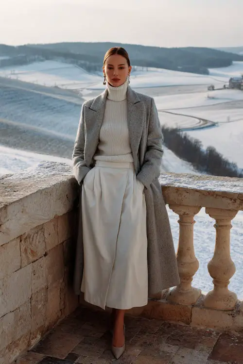 A refined woman wears a winter white skirt with a matching turtleneck and a gray structured coat, standing full body on a stone balcony overlooking a snowy countryside