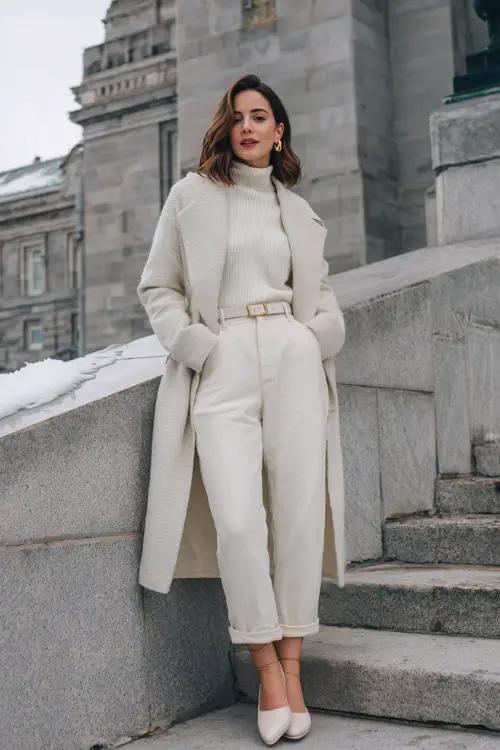A refined woman wears straight-leg jeans with an ivory turtleneck, layered under a belted long coat with subtle gold accessories