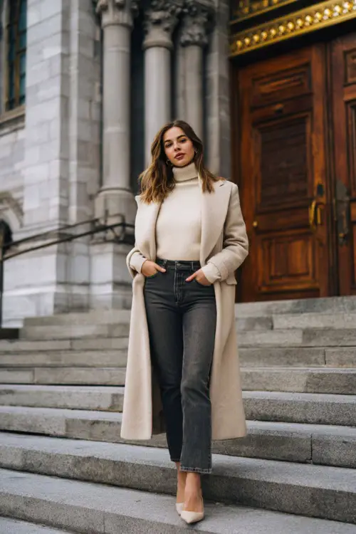 A refined woman wears straight-leg jeans with an ivory turtleneck, layered under a belted long coat with subtle gold accessories