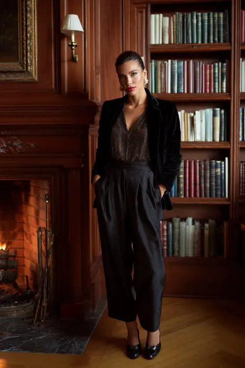 A stylish woman over 30 wears a black velvet jacket layered over a satin blouse and high-waisted trousers, finished with pearl earrings and loafers