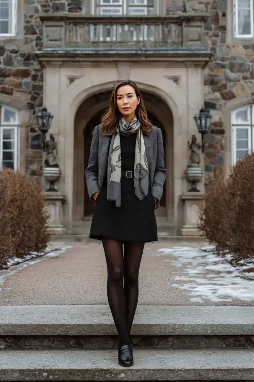 A stylish woman over 30 wears a black wool skirt with a gray tailored blazer, a silk scarf, tights, and loafers