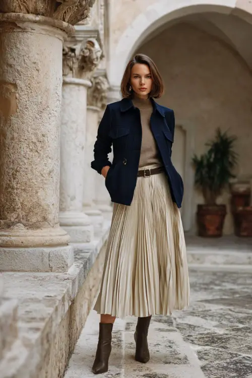 A stylish woman over 30 wears a cream pleated skirt with a taupe cashmere sweater and a tailored navy jacket, styled with heeled boots