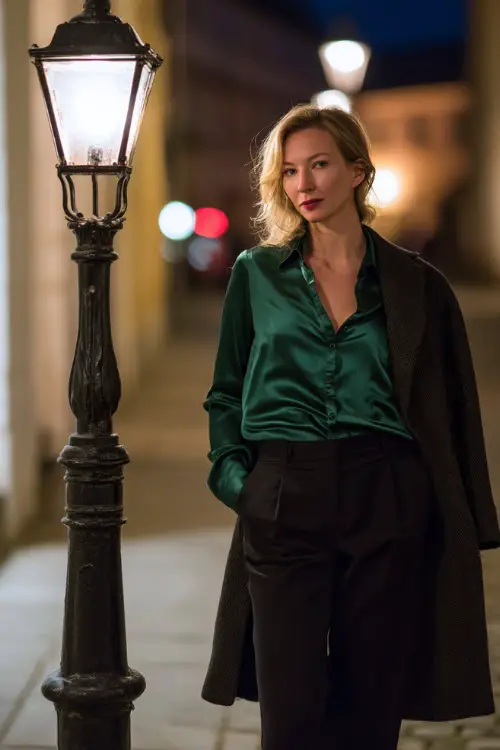 A stylish woman over 30 wears a deep emerald satin blouse tucked into tailored black trousers, layered with a long wool coat