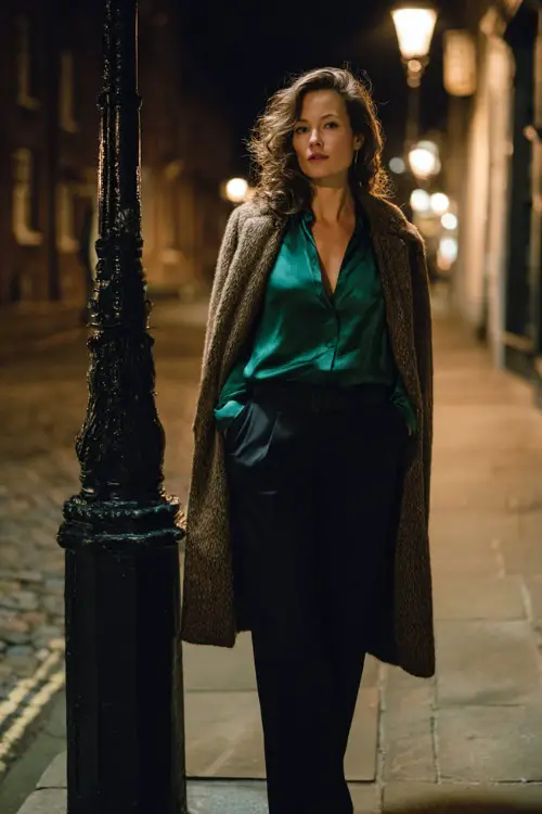 A stylish woman over 30 wears a deep emerald satin blouse tucked into tailored black trousers, layered with a long wool coat