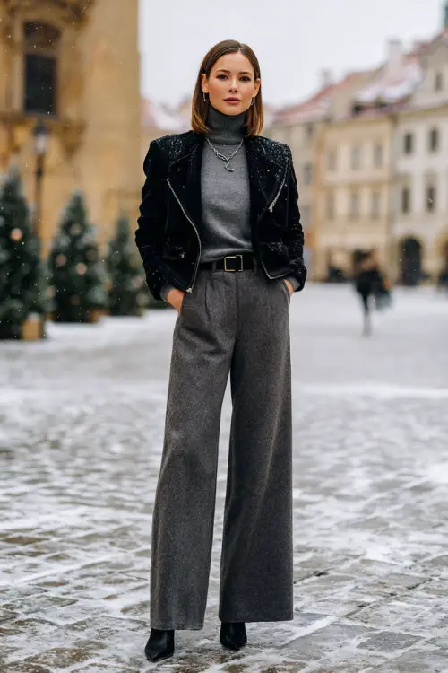 A stylish woman over 30 wears a structured black jacket over a gray cashmere sweater and wide-leg trousers, accessorized with subtle jewelry
