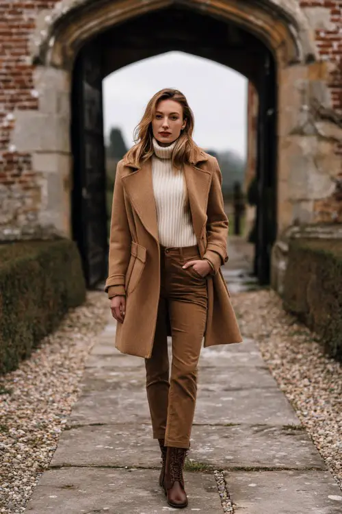 A stylish woman over 30 wears an ivory ribbed turtleneck with a camel wrap coat, straight-leg jeans, and leather ankle boots