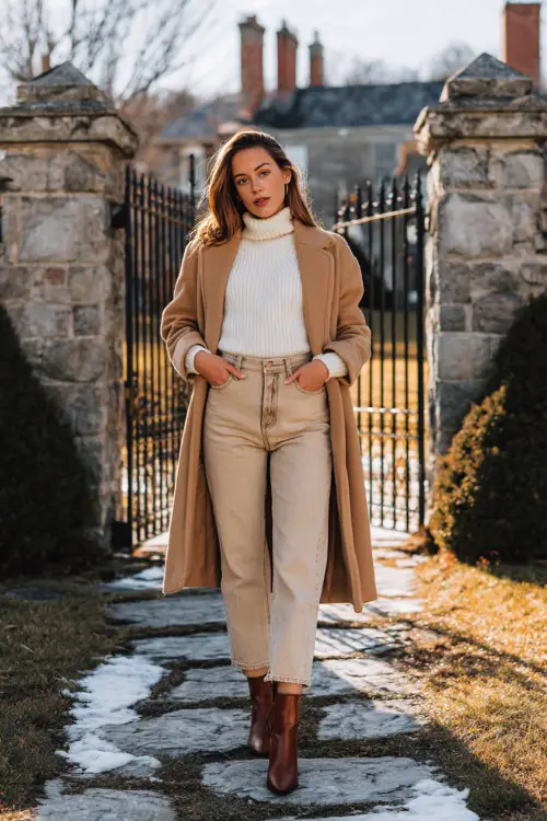 A stylish woman over 30 wears an ivory ribbed turtleneck with a camel wrap coat, straight-leg jeans, and leather ankle boots