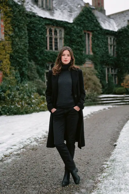 A stylish woman over 30 wears tailored black jeans with a charcoal turtleneck, a long black wool coat, and polished ankle boots